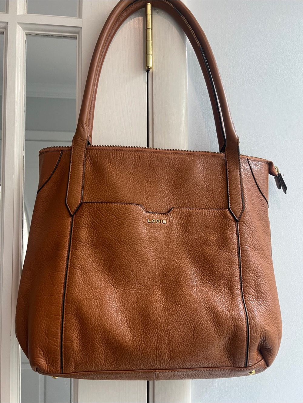Lodis Cognac Leather Tote  zip around double handle strap tote bag
